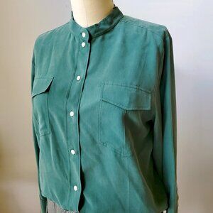 90s J.Crew Silk Tunic Blouse: Forest Green Long Sleeve, Mandarin Collar Large 10